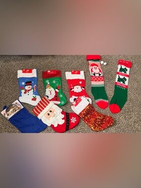 Set of 8 Festive Christmas Stockings - Santa, Snowman & Holiday Prints
